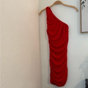 Red one shoulder midi dress